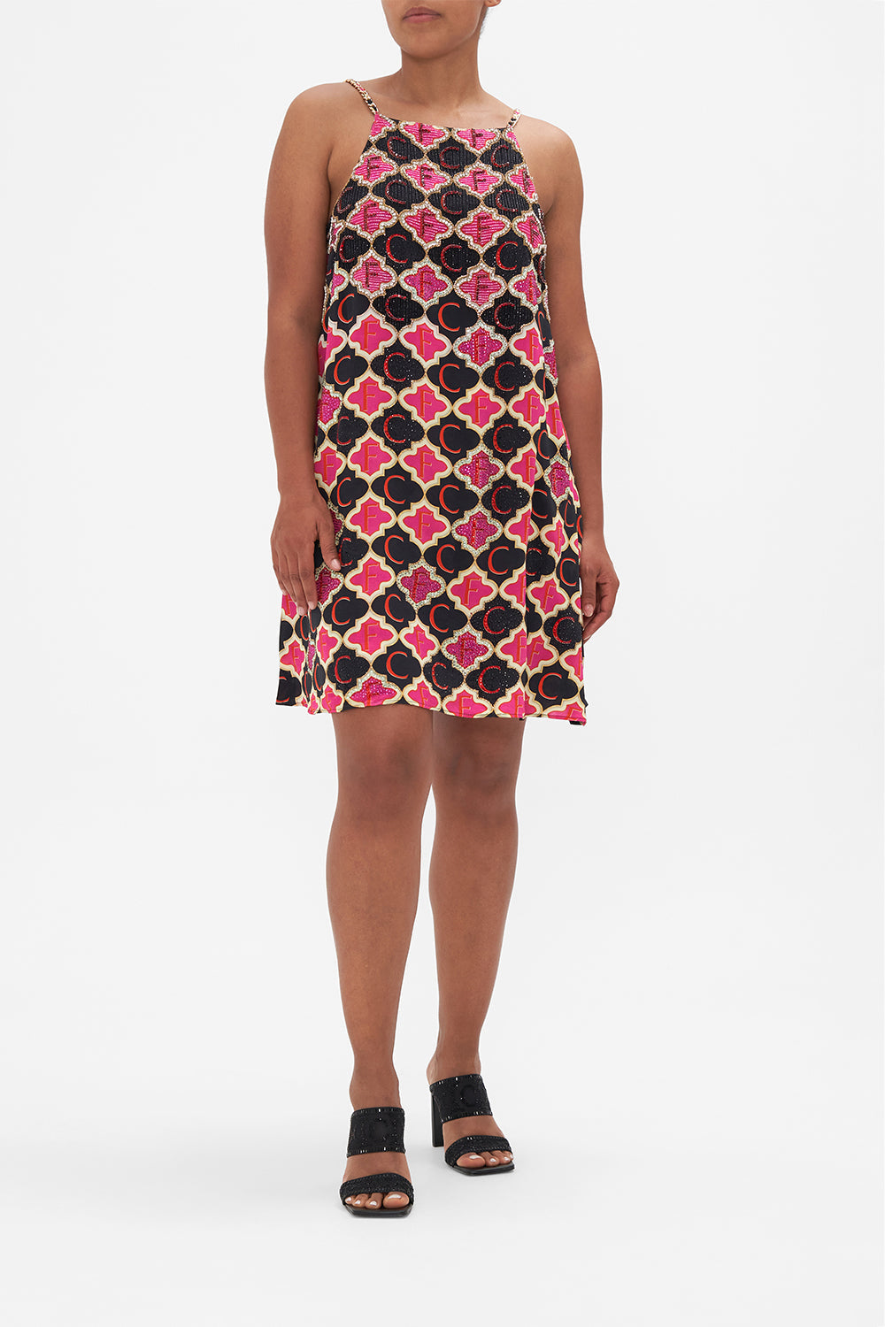 Front view of model wearing CAMILLA silk shift dress in Wild And Running print