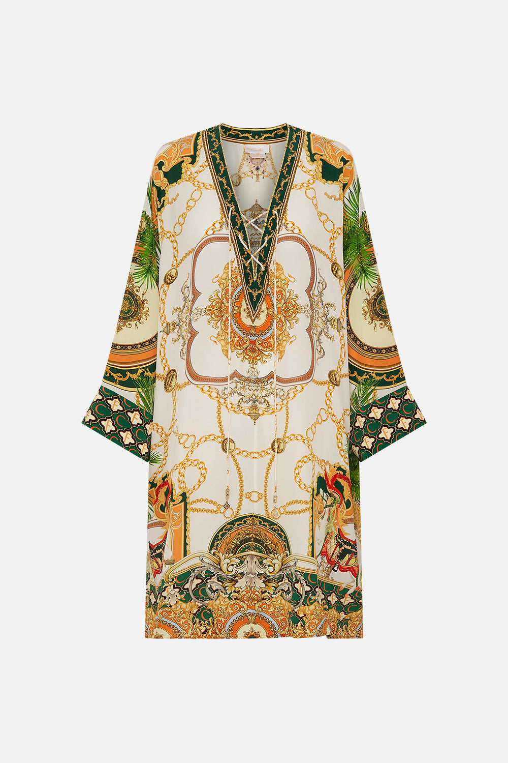 Front product view of CAMILLA silk kaftan in My Sweet Devotion print