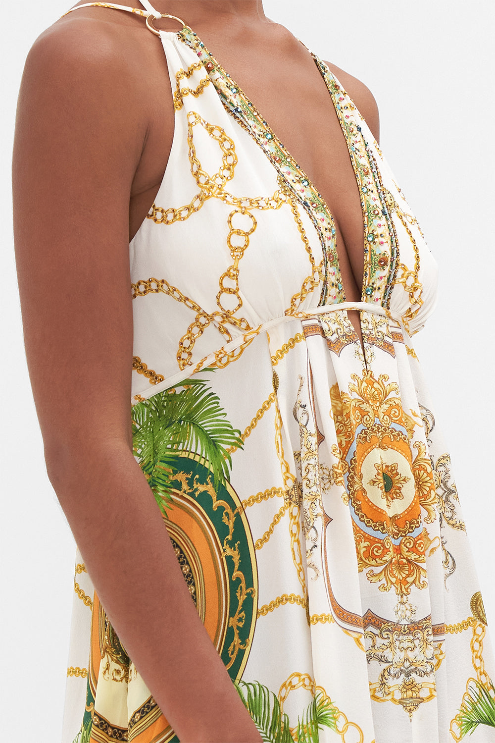 Detail view of model wearing CAMILLA silk mini dress in My Sweet Devotion print