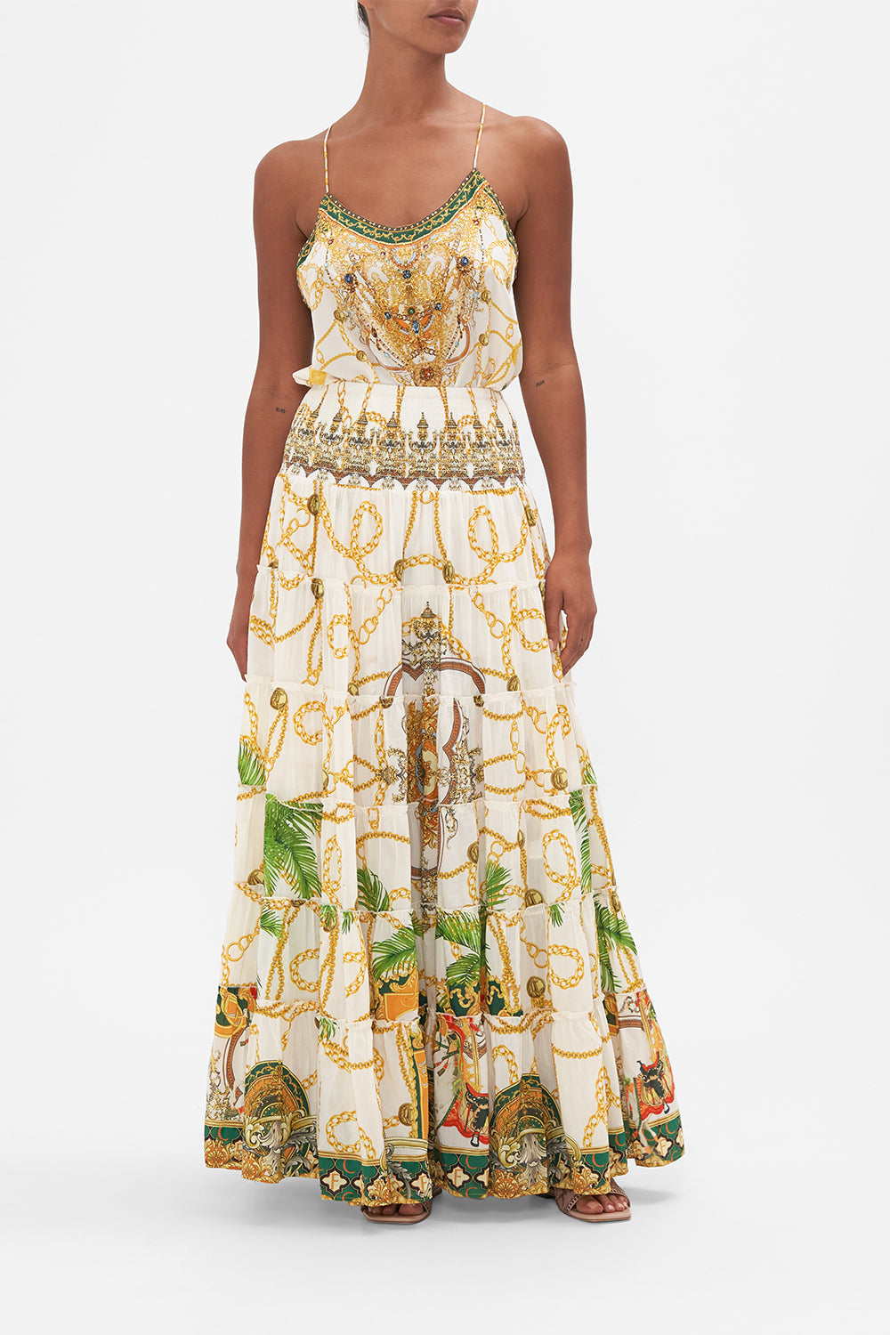 Front view of model wearing CAMILLA maxi skirt in My Sweet Devotion print