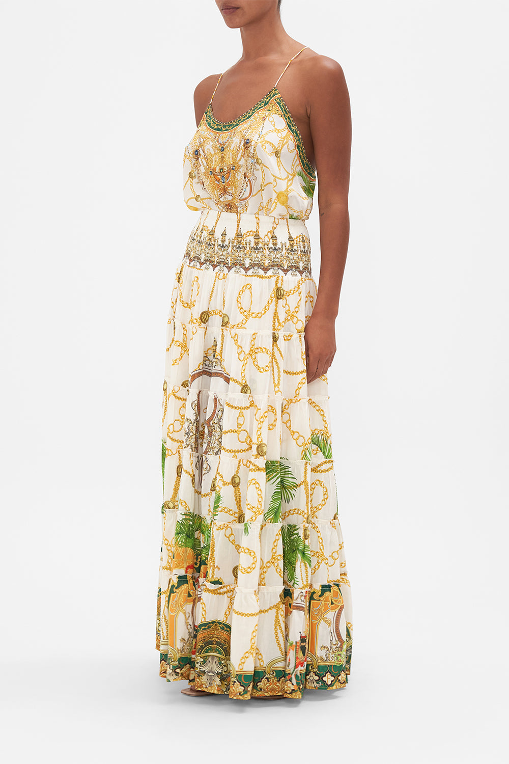 Side view of model wearing CAMILLA maxi skirt in My Sweet Devotion print