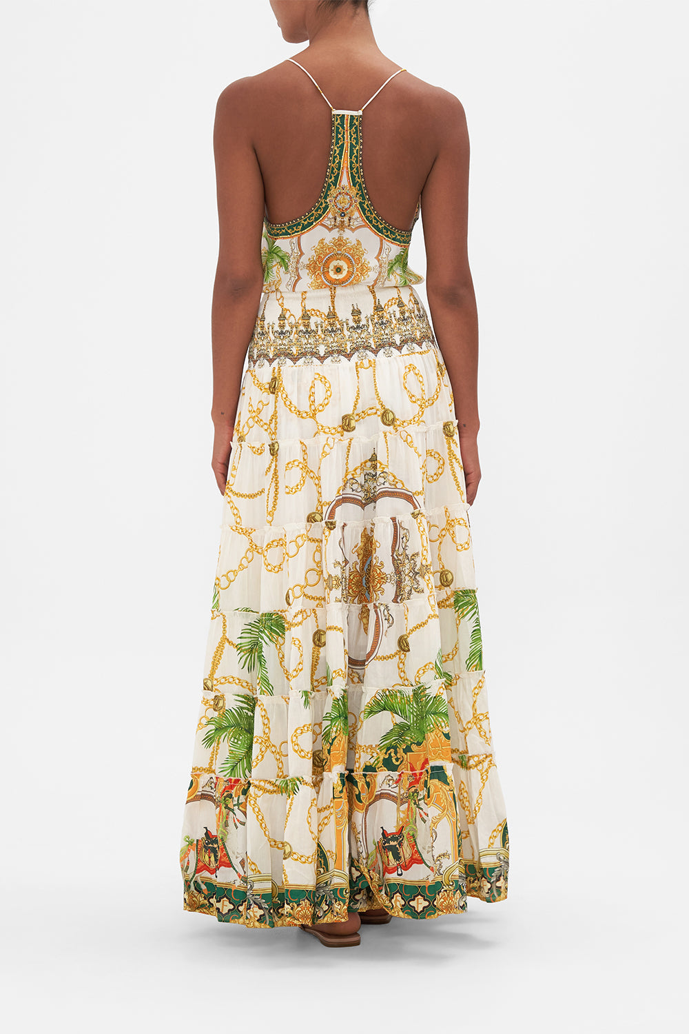 Back view of model wearing CAMILLA maxi skirt in My Sweet Devotion print