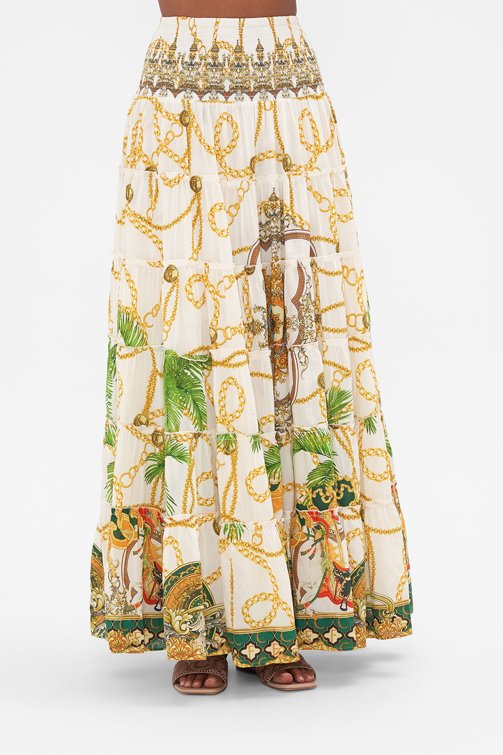 Crop view of model wearing CAMILLA maxi skirt in My Sweet Devotion print