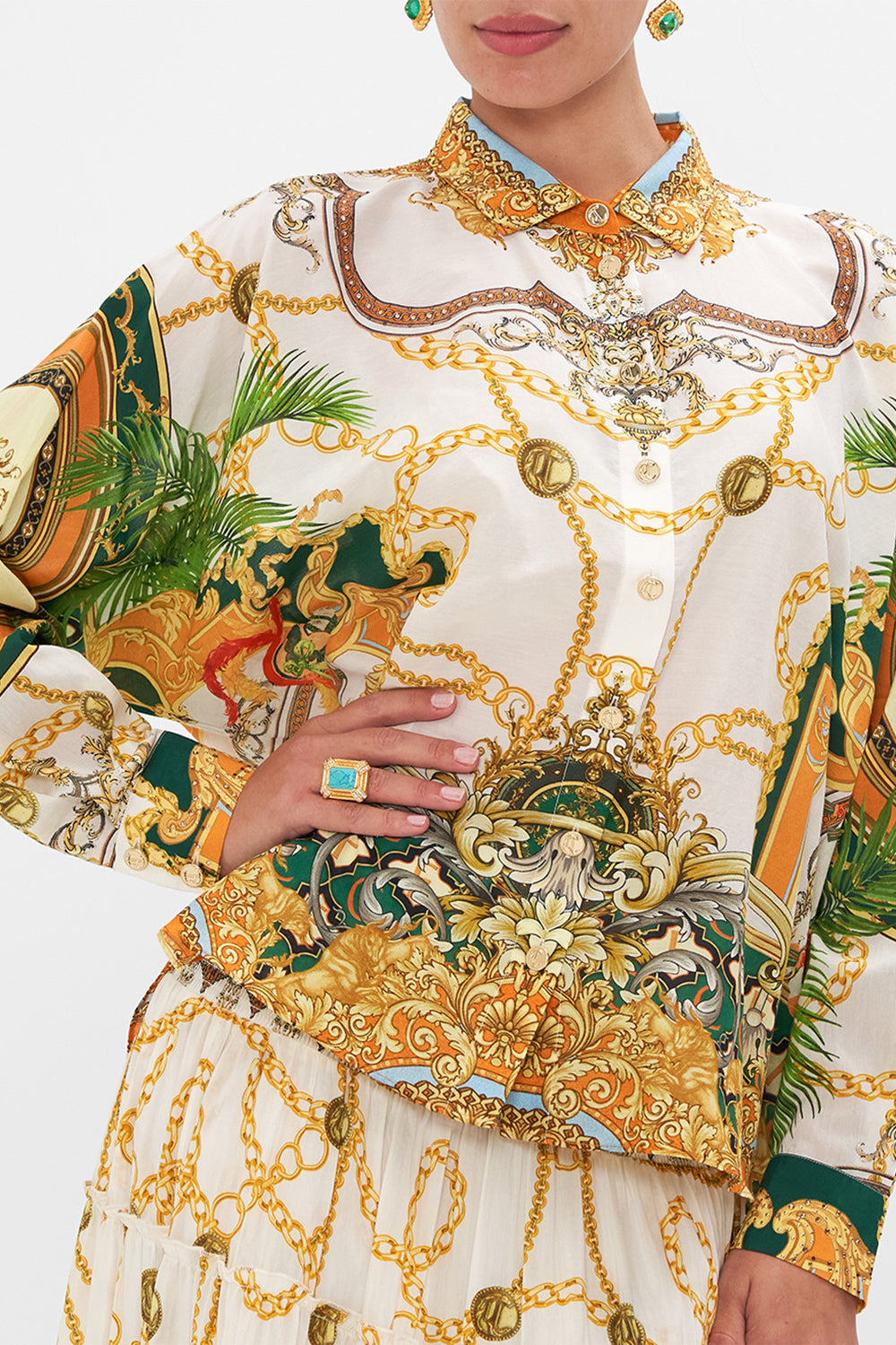 Detail view of model wearing CAMILLA silk cotton blouse in My Sweet Devotion print