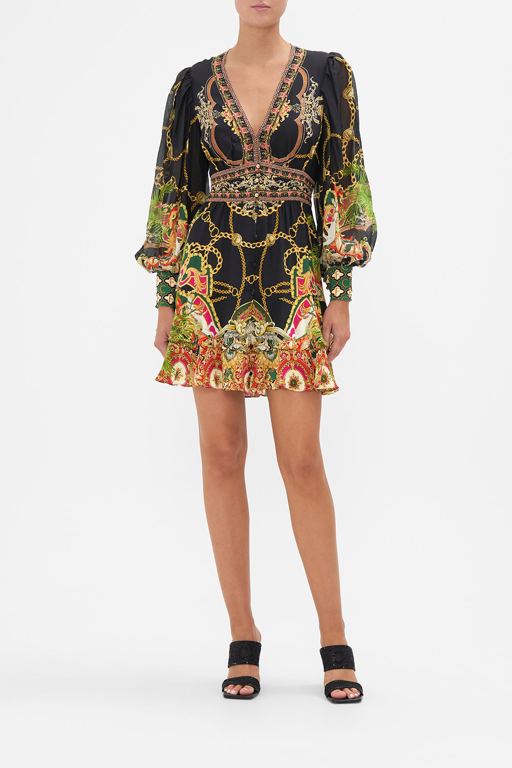 Front view of model wearing CAMILLA silk mini dress in Jealousy And Jewels print