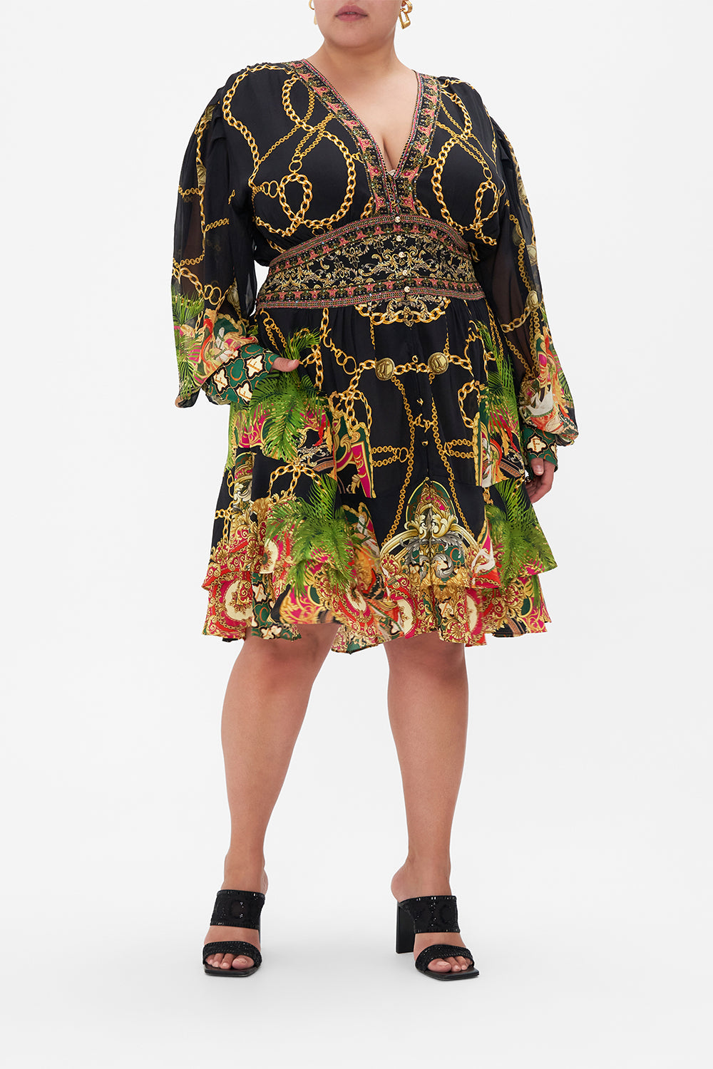 Front view of model wearing CAMILLA plus size silk dress in Jealousy And Jewels print