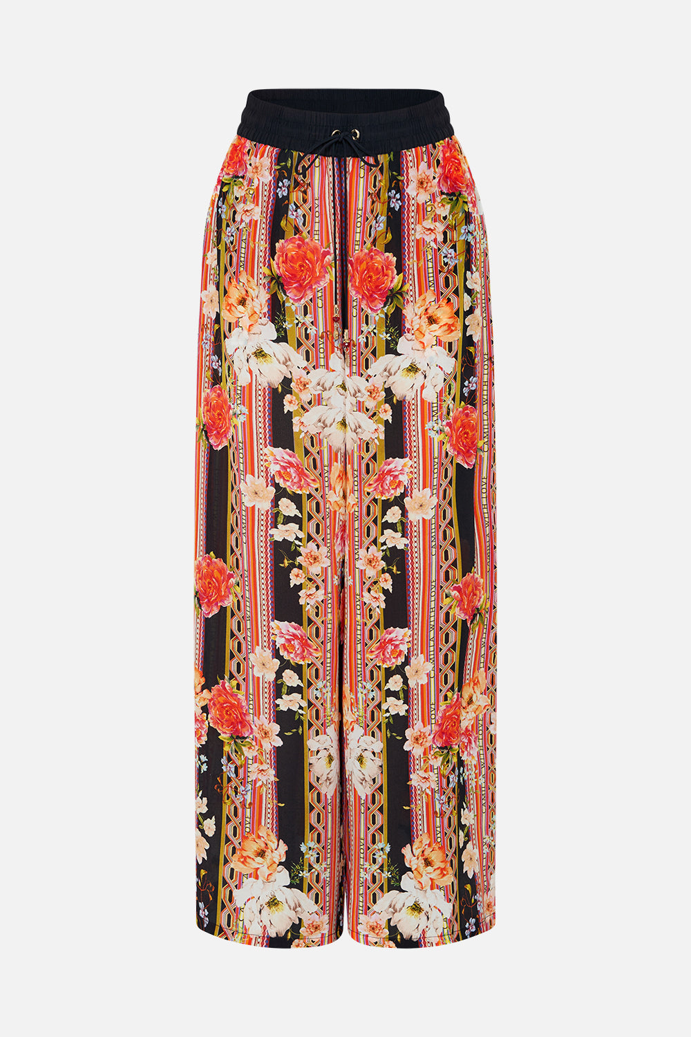 Product view of CAMILLA floral silk pants in Secret History print