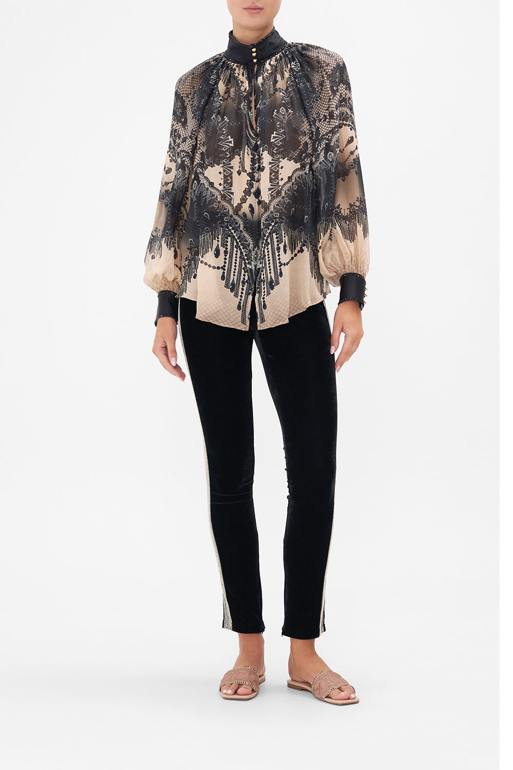 Front view of model wearing CAMILLA black velvet pants in Curtain Call Chaos