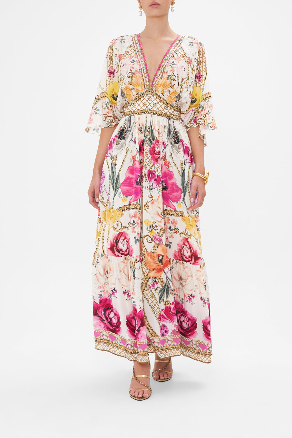 Front view of model wearing CAMILLA floral maxi dress in Destiny Calling print