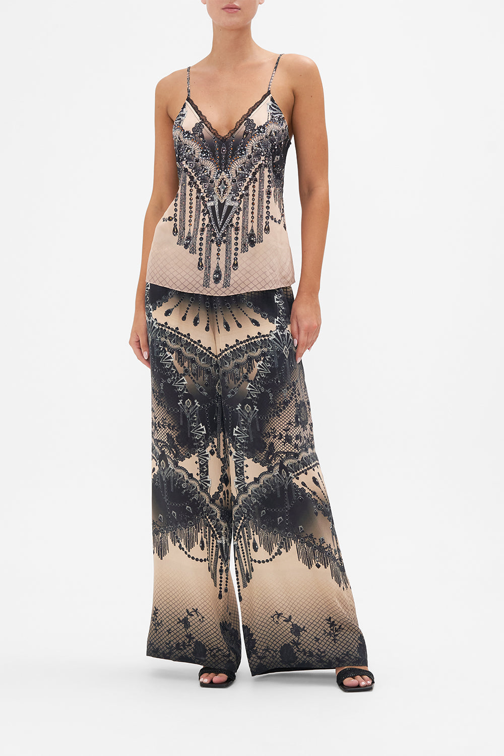 Front view of model wearing CAMILLA silk lace trim cami in Curtain Call Chaosprint