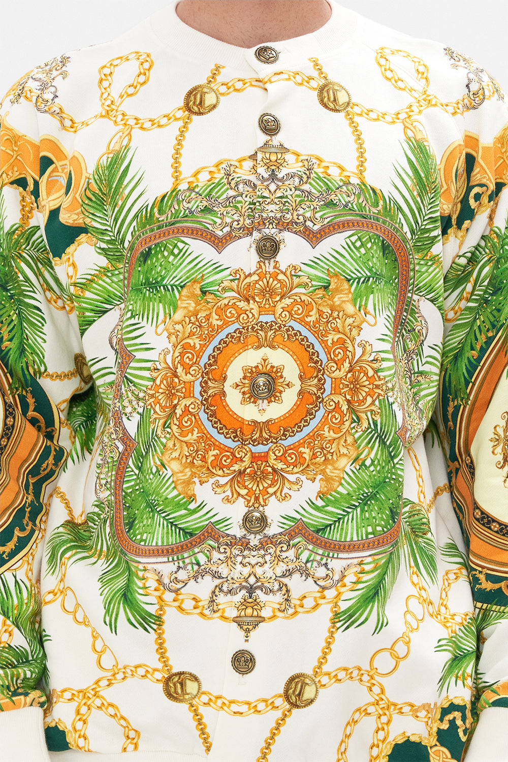 Crop view of model wearing Hotel Franks by CAMILLA mens oversized hoodie in white My Sweet Devotion print