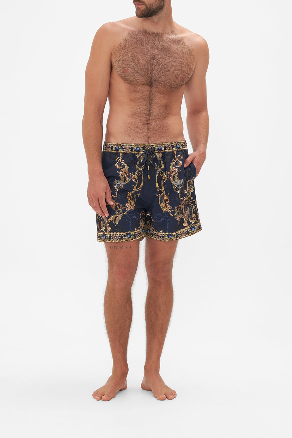 Front view of model wearing Hotel Franks by CAMILLA mens navy boardshorts in Moonlight Melodies print