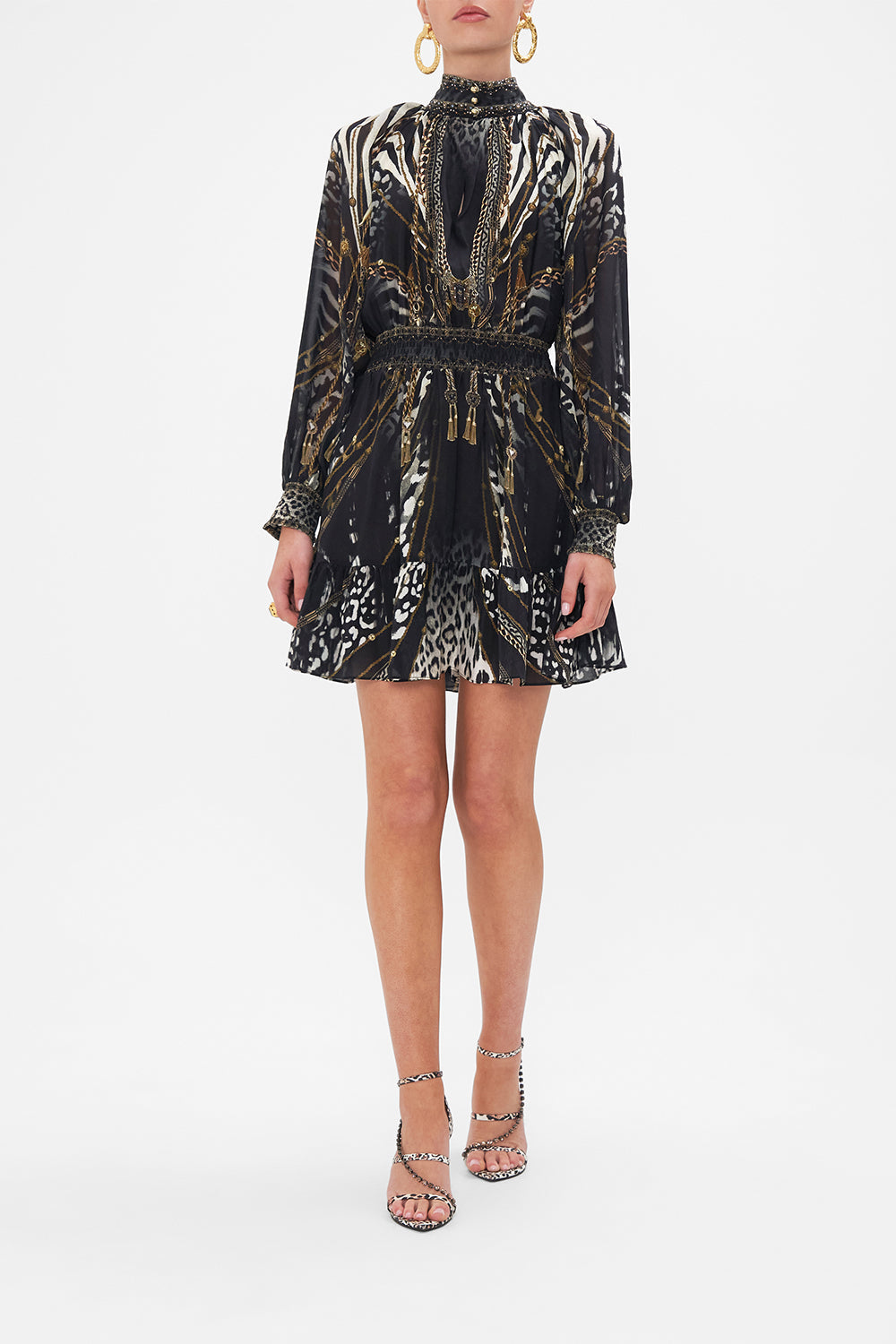 SHIRRED WAIST HIGH NECK MINI DRESS UNTAMED ROYALTY