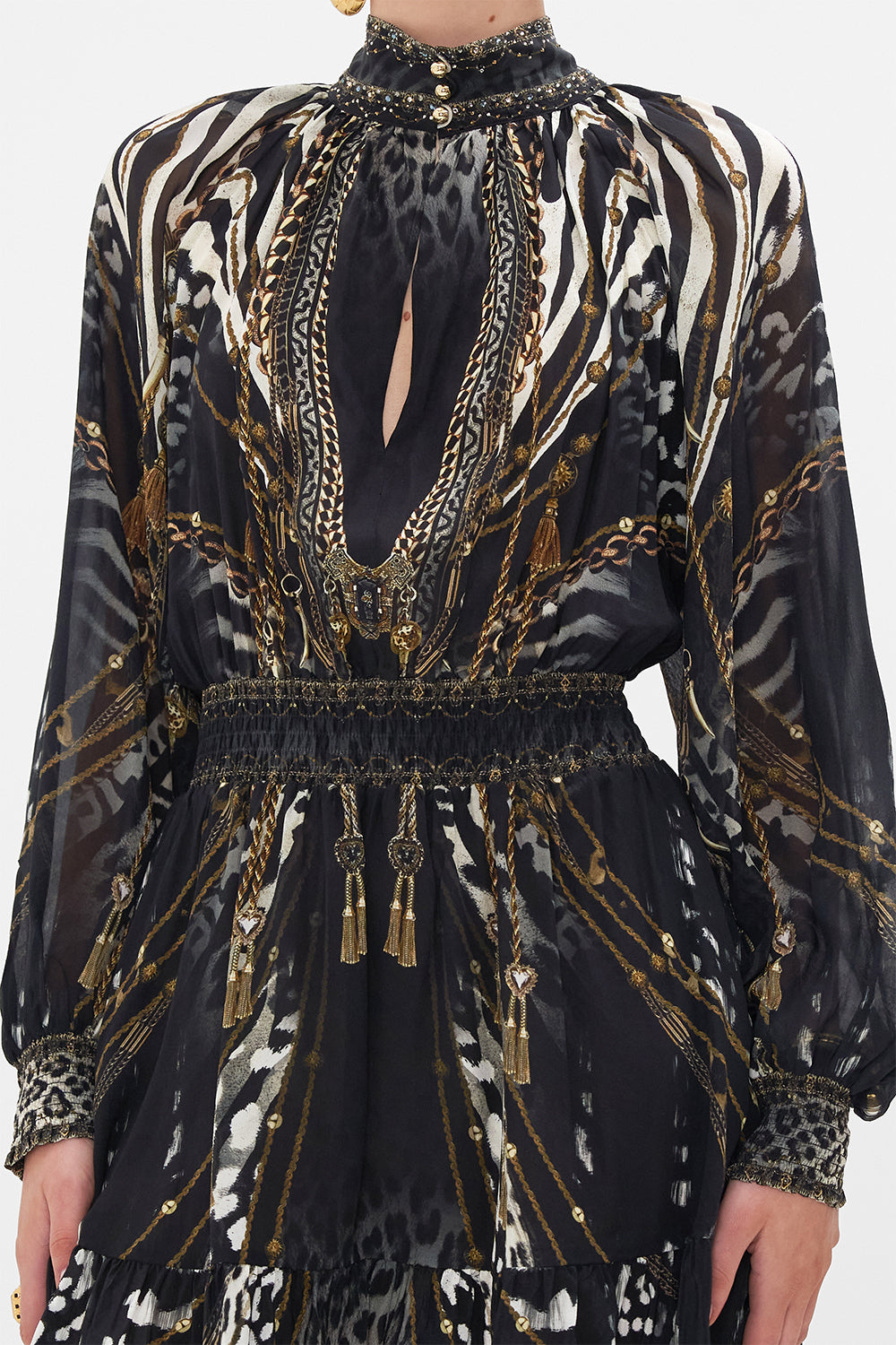 SHIRRED WAIST HIGH NECK MINI DRESS UNTAMED ROYALTY