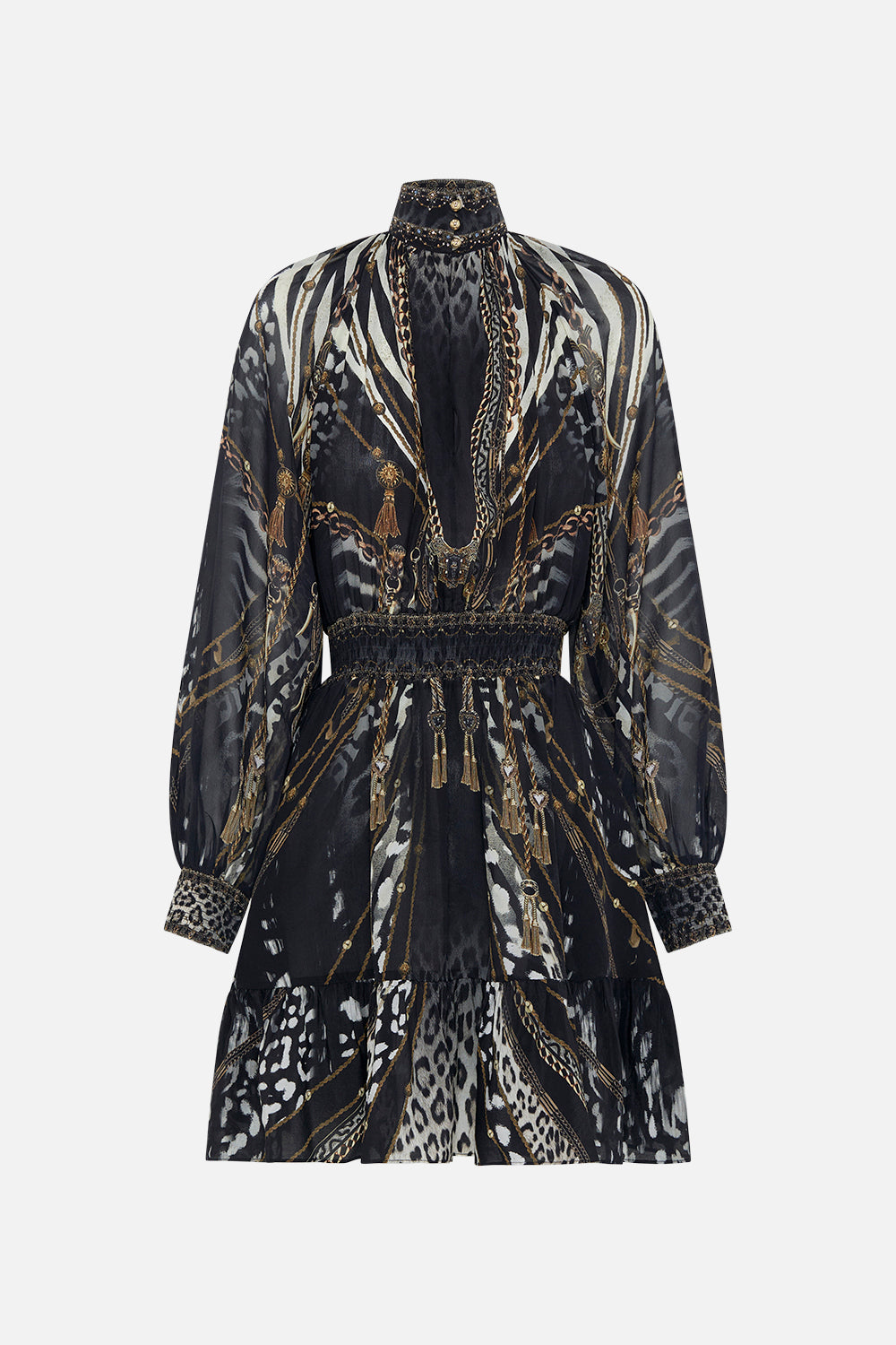 SHIRRED WAIST HIGH NECK MINI DRESS UNTAMED ROYALTY