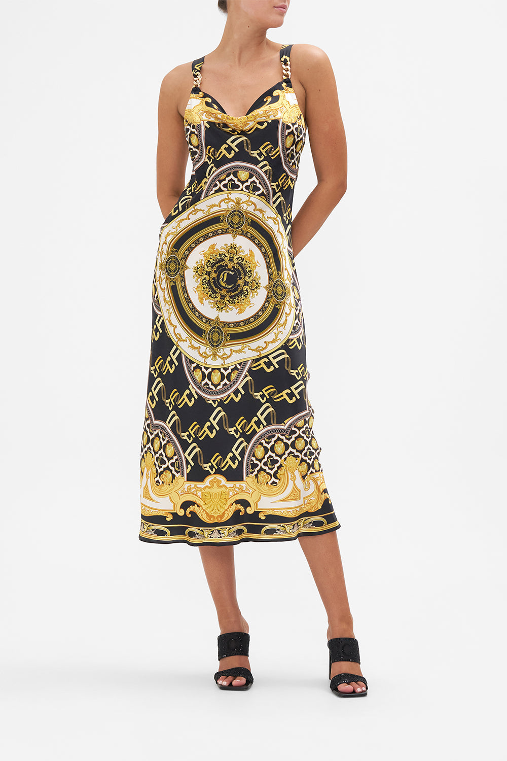 Front view of model wearing CAMILLA Bias silk slip dress Tether Me Not print