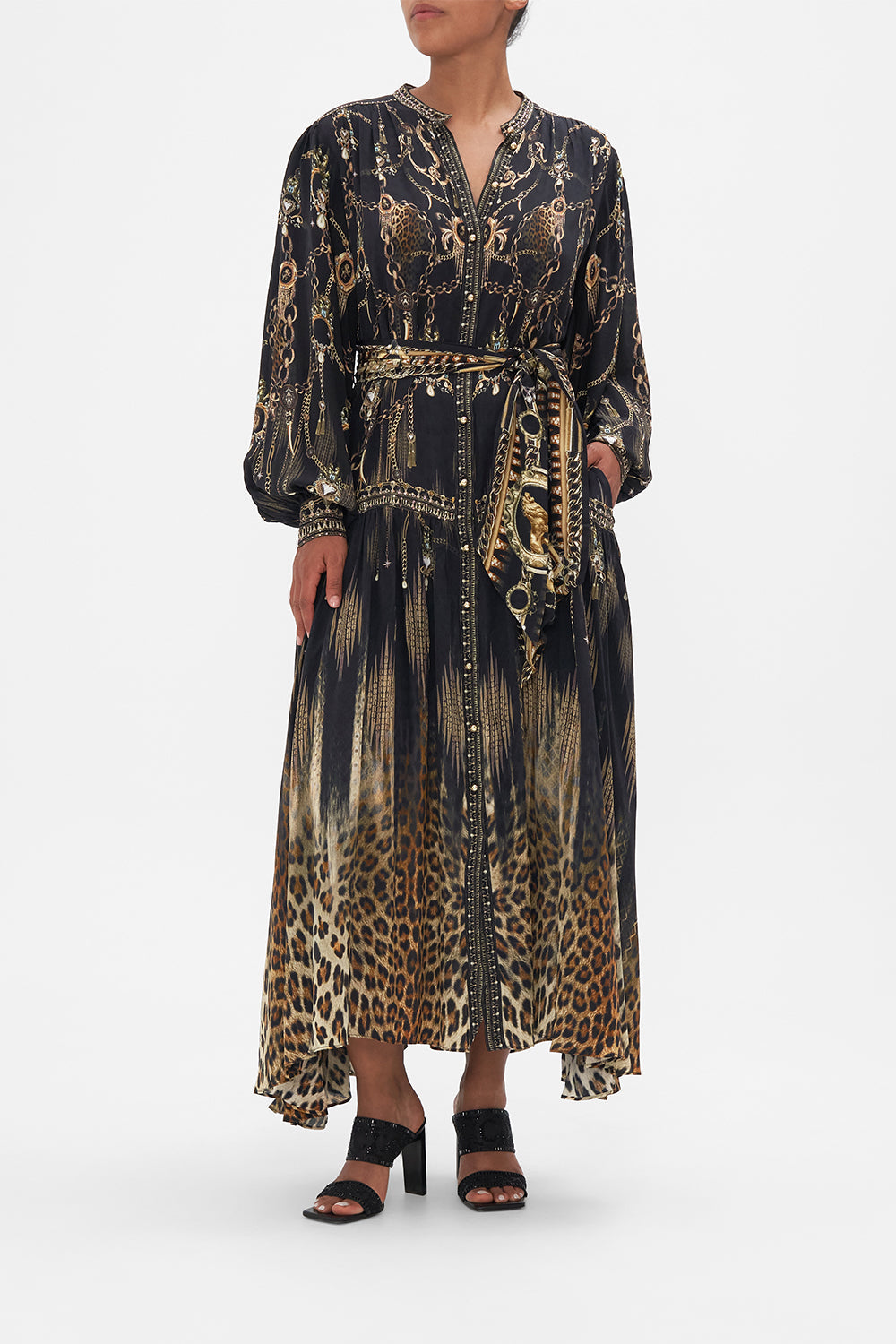 Front view of model wearing CAMILLA sillk button through dress in Jungle Dreaming print