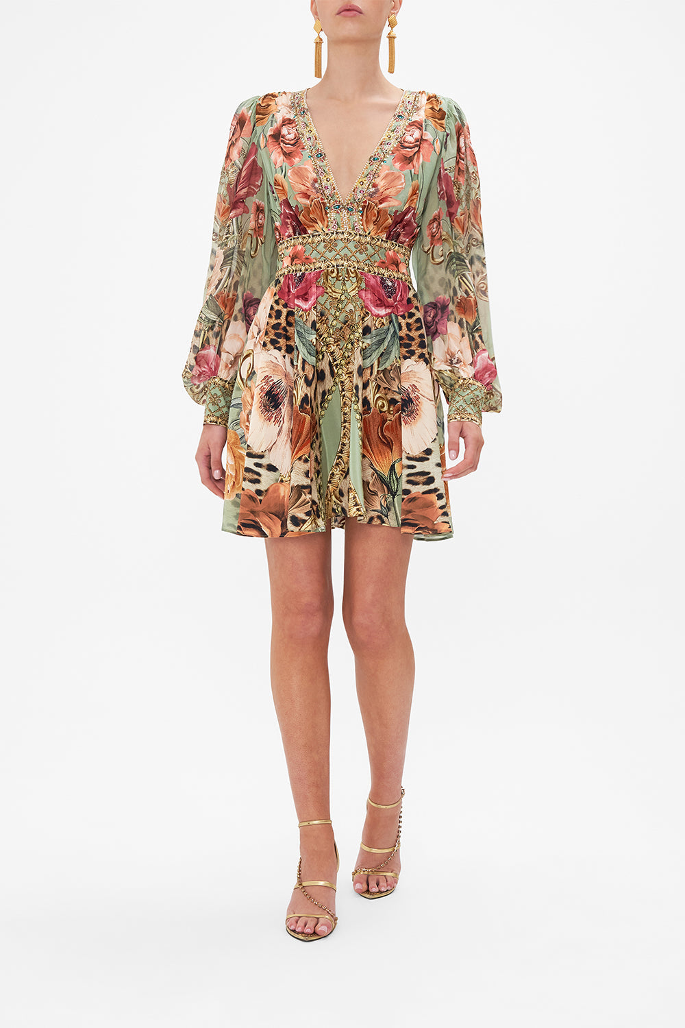 Front view of model wearing CAMILLA floral print mini dress in Grow And Glow print