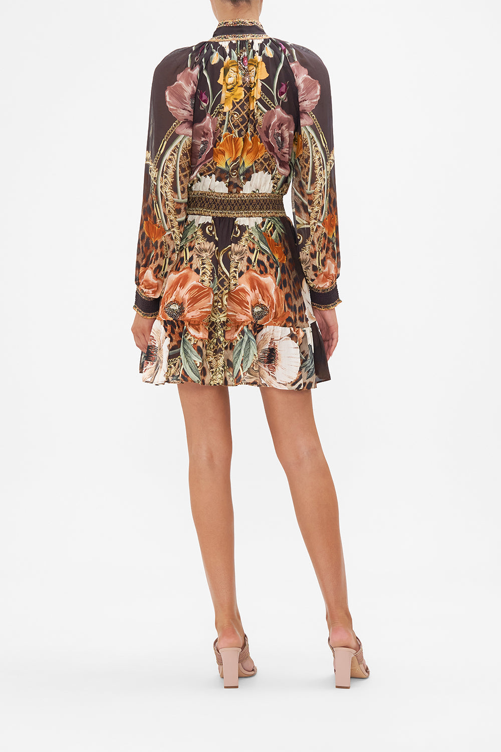 Back view of model wearing CAMILLA brown floral silk mini dress in Wave Your Wand
