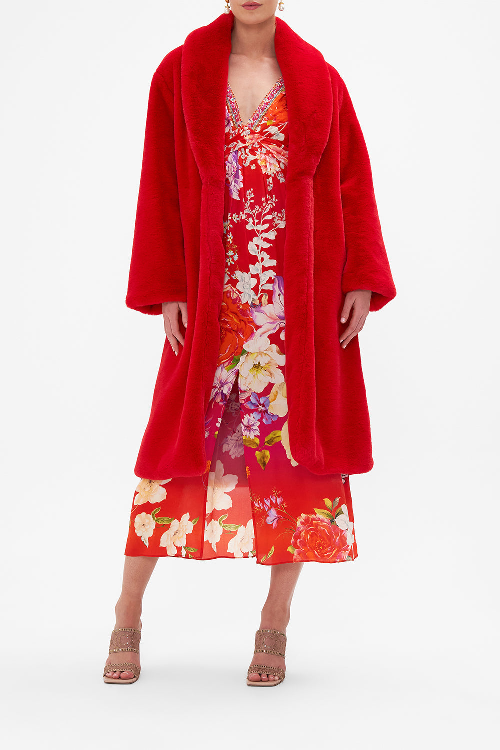 Front view of model wearing CAMILLA red faux fur coat in Kiss And Tell