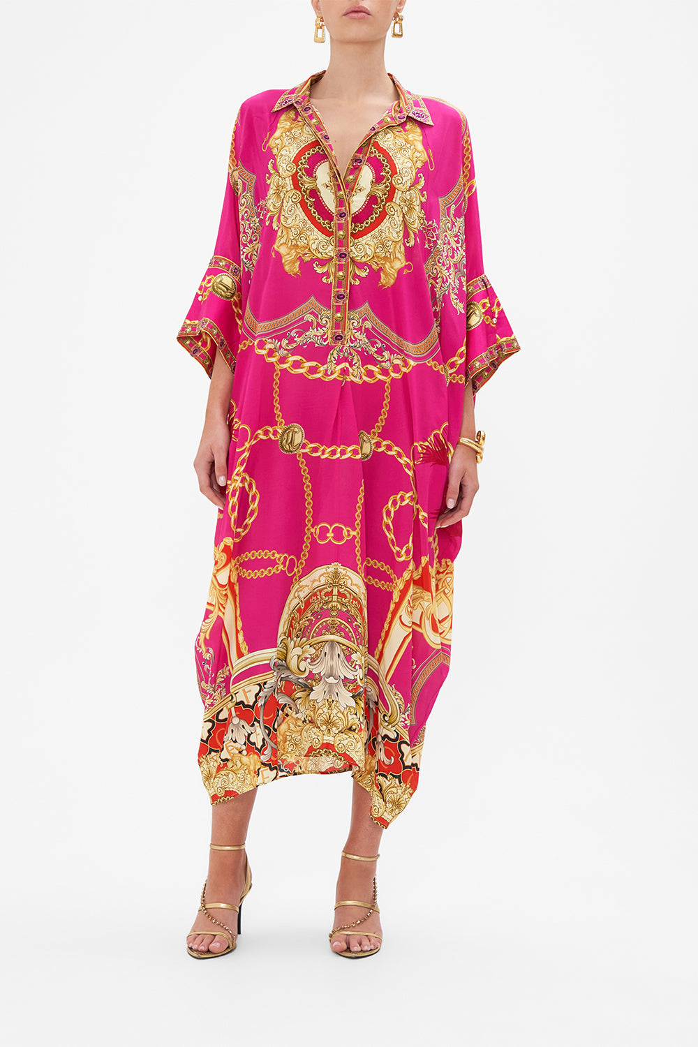 Front view of model waering CAMILLA silk kaftan in Wild And Running print