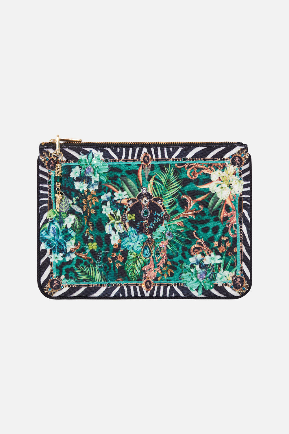 Product view of CAMILLA green clutch bag in Sing My Song print