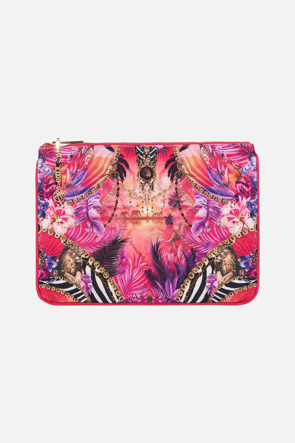 Product view of CAMILLA bright coloured clutch bag in Wild Loving print