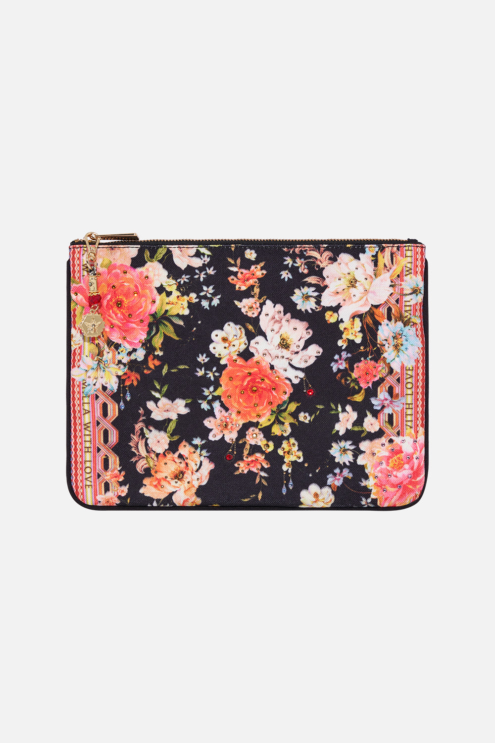 Product view of CAMILLA floral print clucth bag in Secret History print