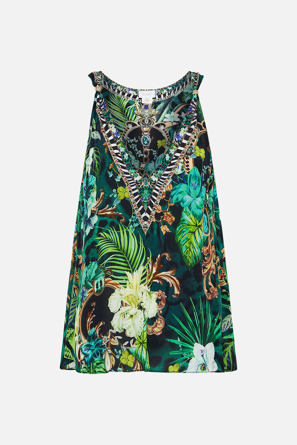 Product view of CAMILLA green silk tank top in Sing My Song print