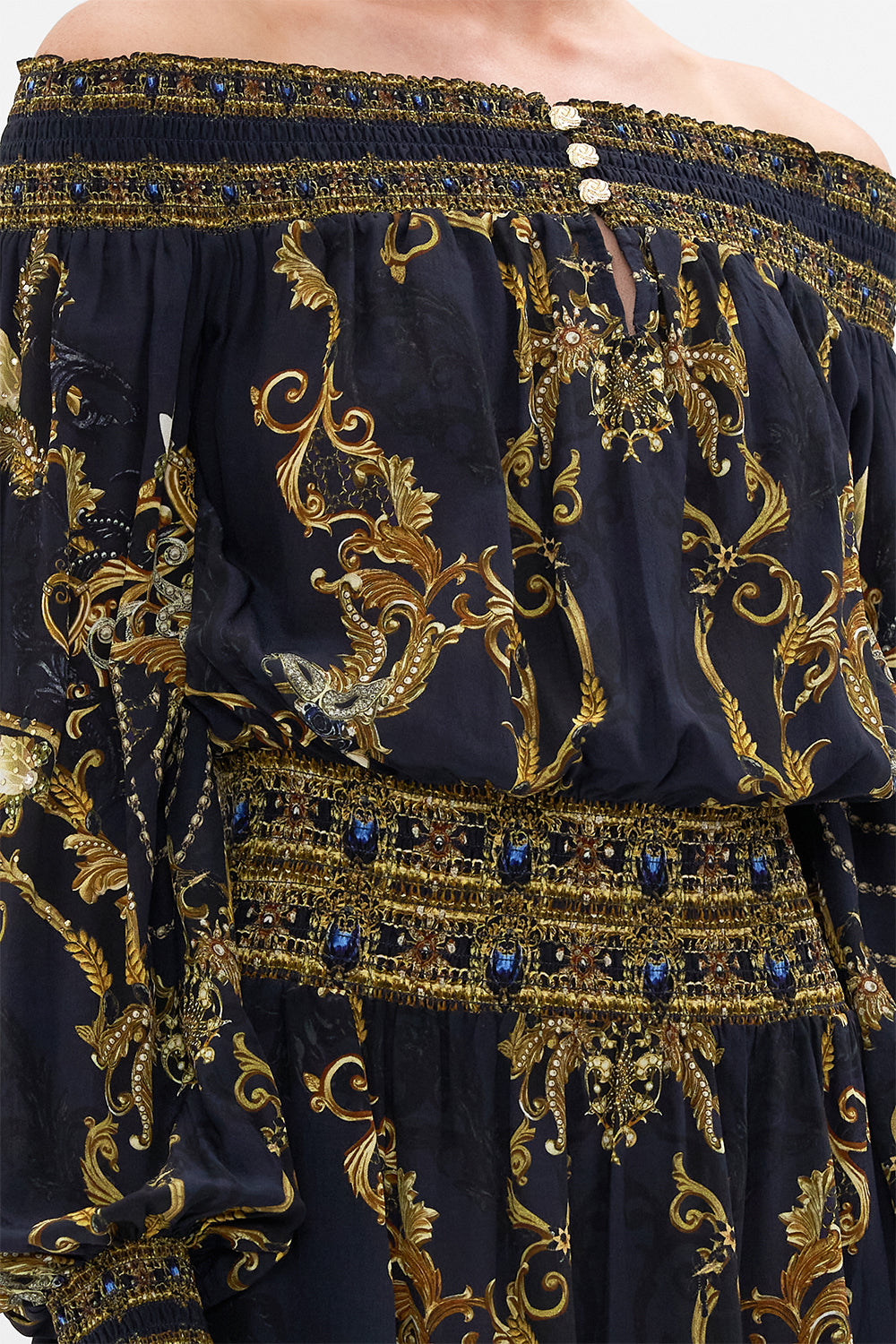 Detail view of model wearing CAMILLA off the shoulder dress in Moonlight Melodies print