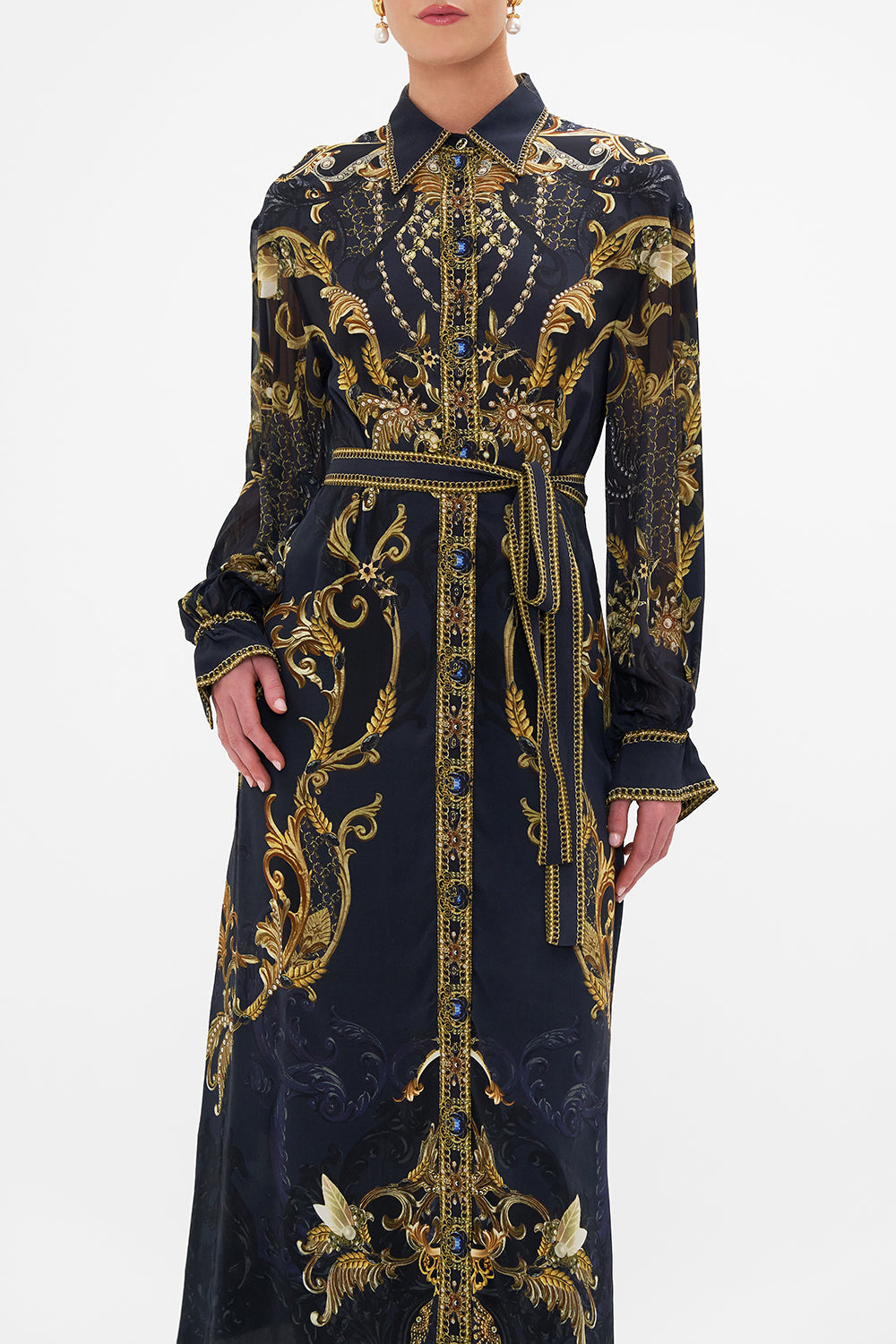 Crop view of model wearing CAMILLA silk midi shirt dress in Moonlight Melodies print