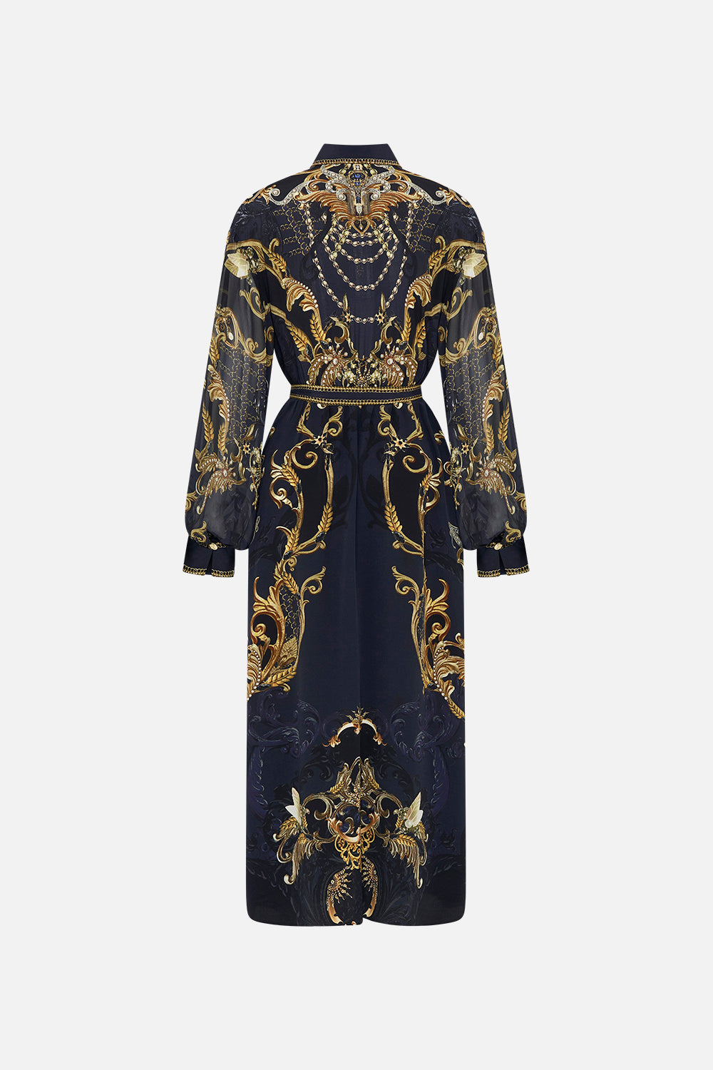 Back product view of CAMILLA silk midi shirt dress in Moonlight Melodies print