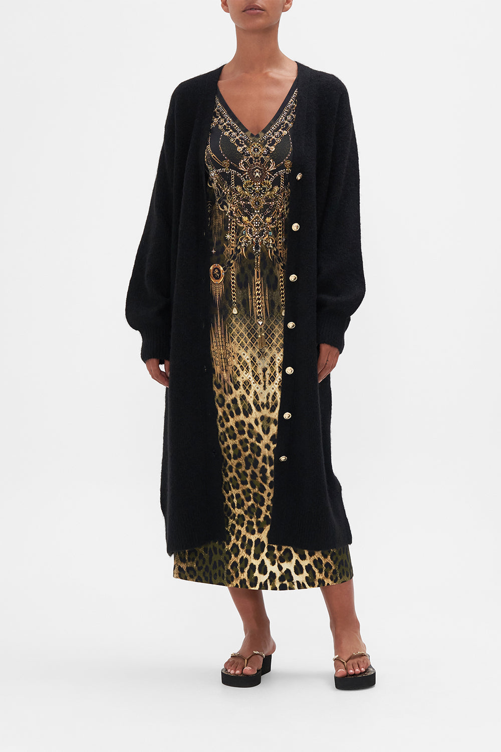 Front view of model wearing CAMILLA knit cardigan in Lion Mane