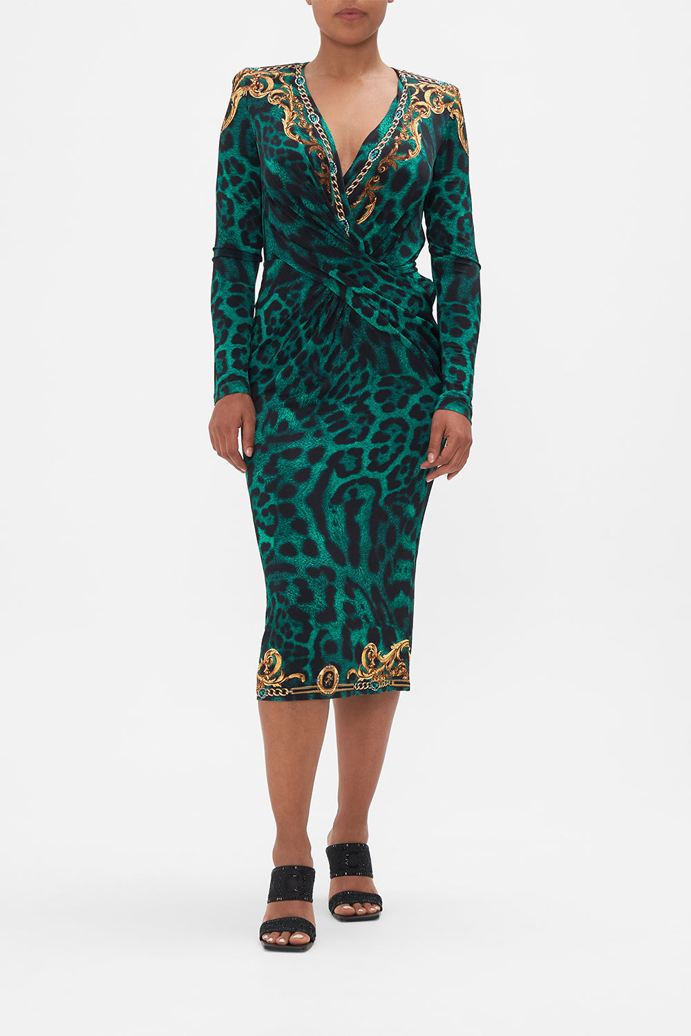 Front view of model wearing CAMILLA green animal print midi dress in Sing My Song print