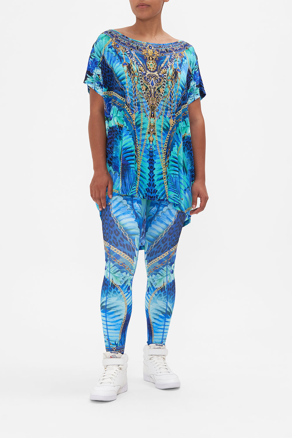 Front view of model wearing CAMILLA loose fit tee in Song Of The Jungle print