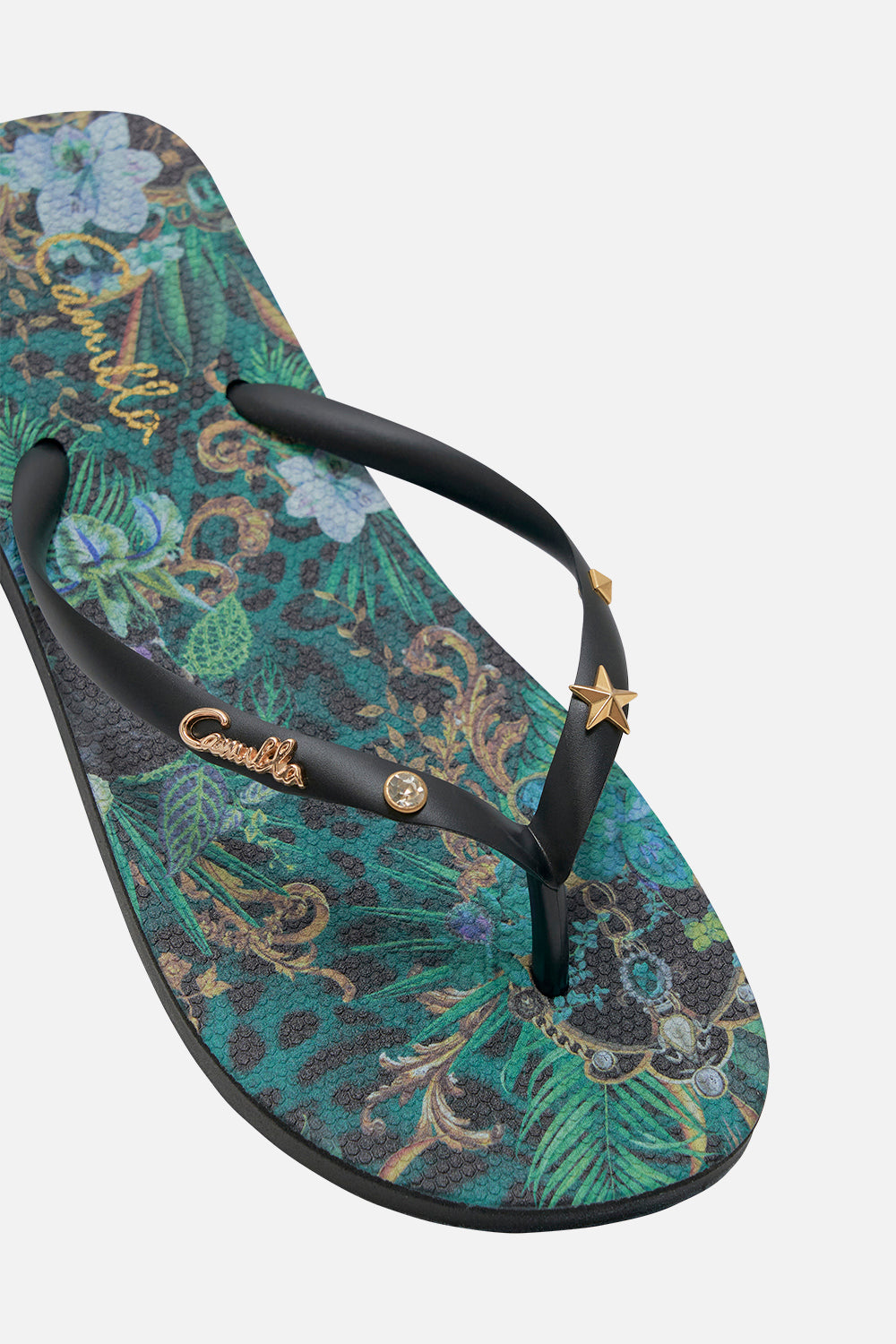 Front angle product view of CAMILLA thongs in Sing My Song print