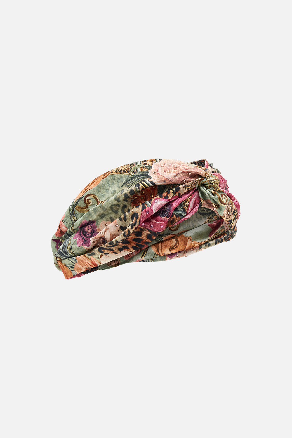 Detail view of CAMILLA silk twist front headband in floral Grow and Glow print