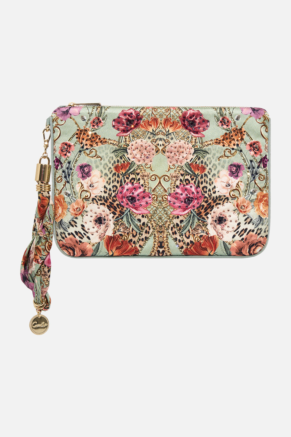 Product view of CAMILLA clutch with silk scarf in Grow And Glow print