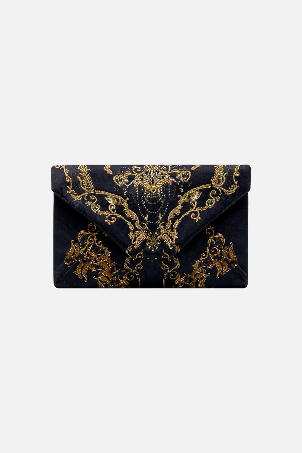 Product view of CAMILLA silk clutch bag in Moonlight Melodies print