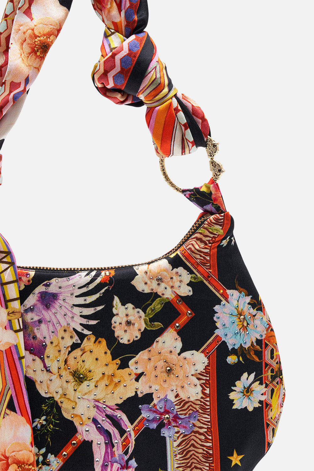 Inside view of CAMILLA silk scarf shoulder bag in Secret History print