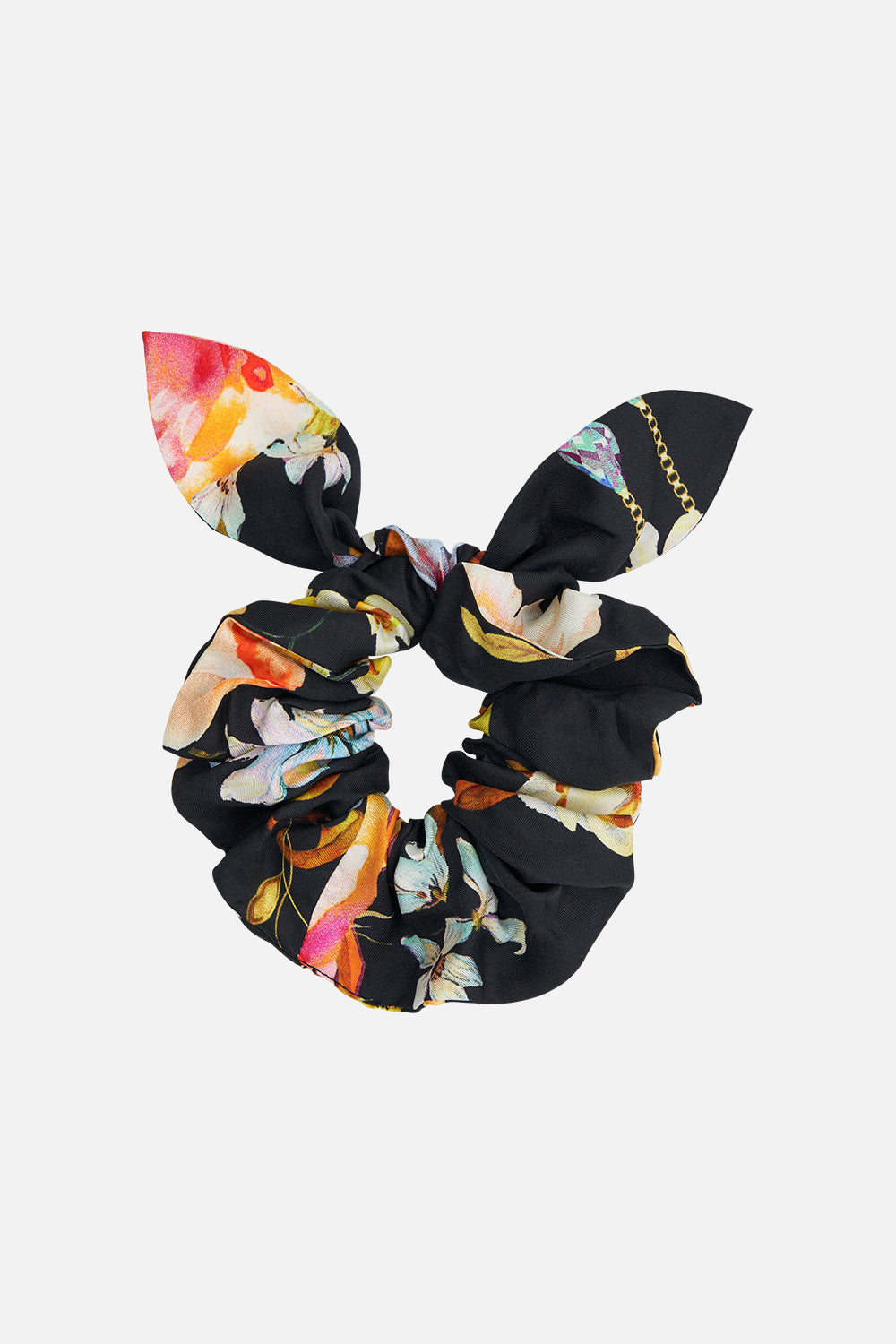 Product view of CAMILLA silk floral scrunchie in Secret History print