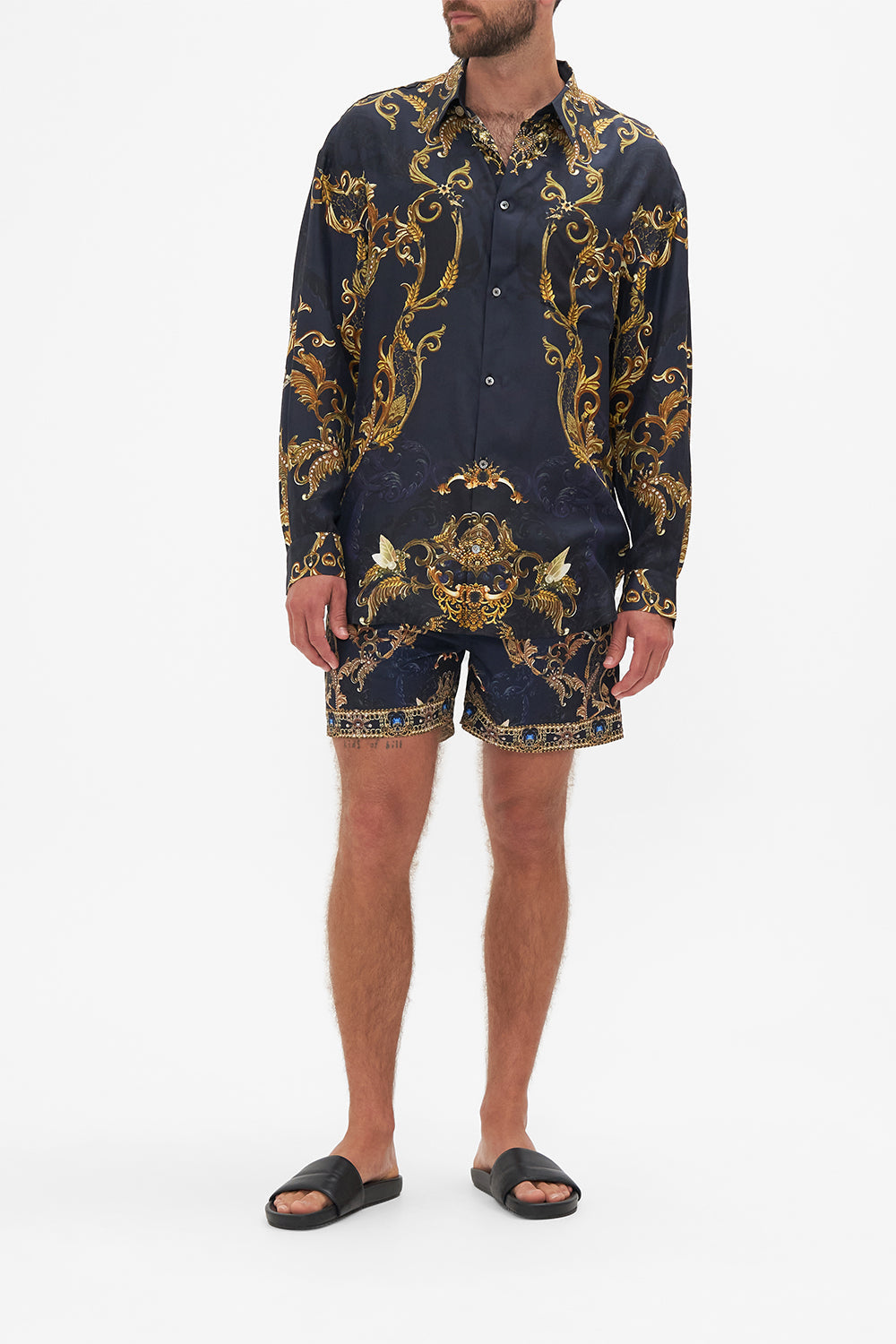 Front view of model wearing Hotel Franks By CAMILLA mens oversized shirt in Moonlight Melodies print