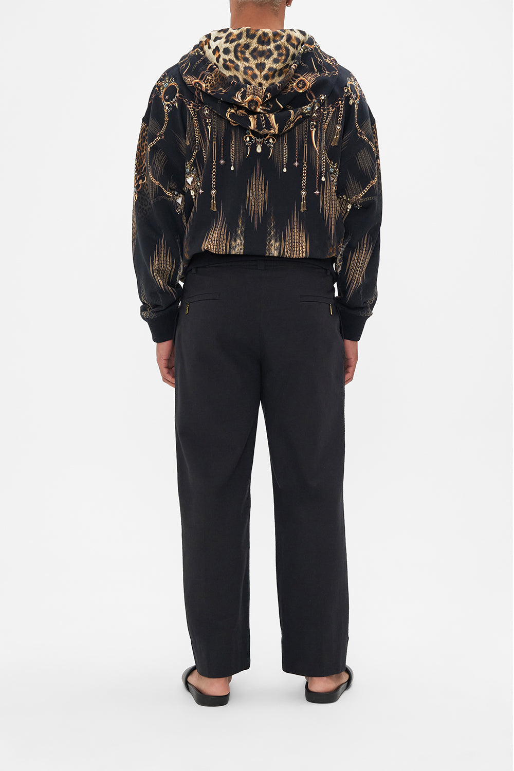 Back view of model wearing Hotel Franks by CAMILLA mens black pleat front pants Jungle Dreaming