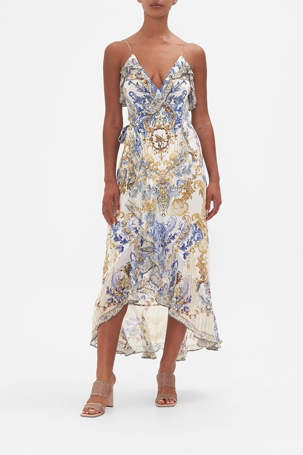 Front view of model wearing CAMILLA silk wrap dress in Soul Searching print