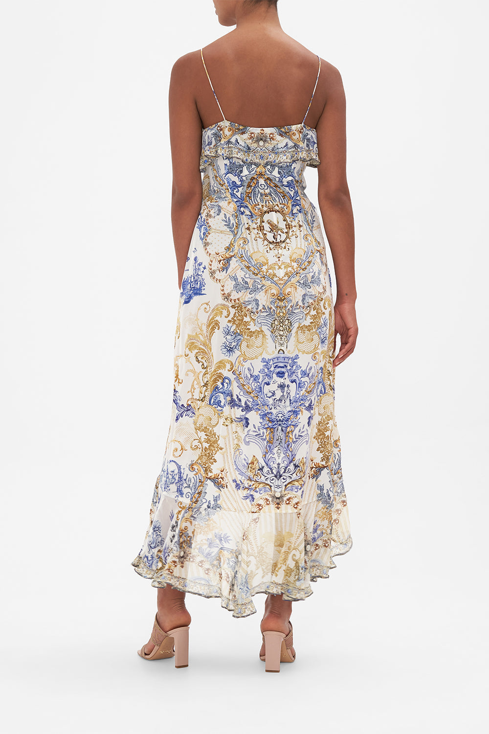 Back view of model wearing CAMILLA silk wrap dress in Soul Searching print