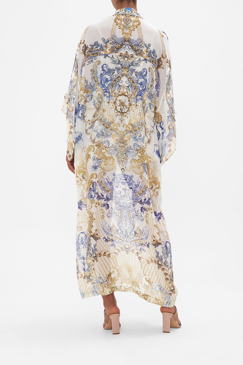 Back view model wearing of CAMILLA silk kimono layer in Soul Searching print