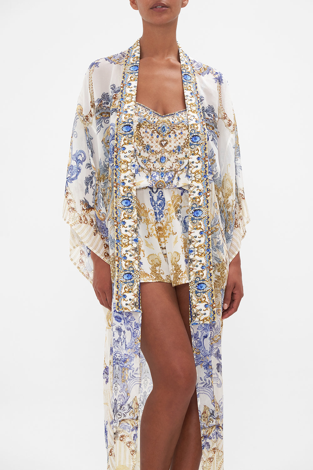 Crop view model wearing of CAMILLA silk kimono layer in Soul Searching print