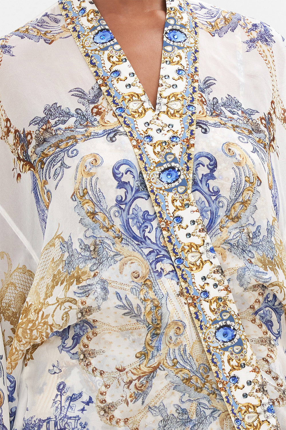 Detail view model wearing of CAMILLA silk kimono layer in Soul Searching print