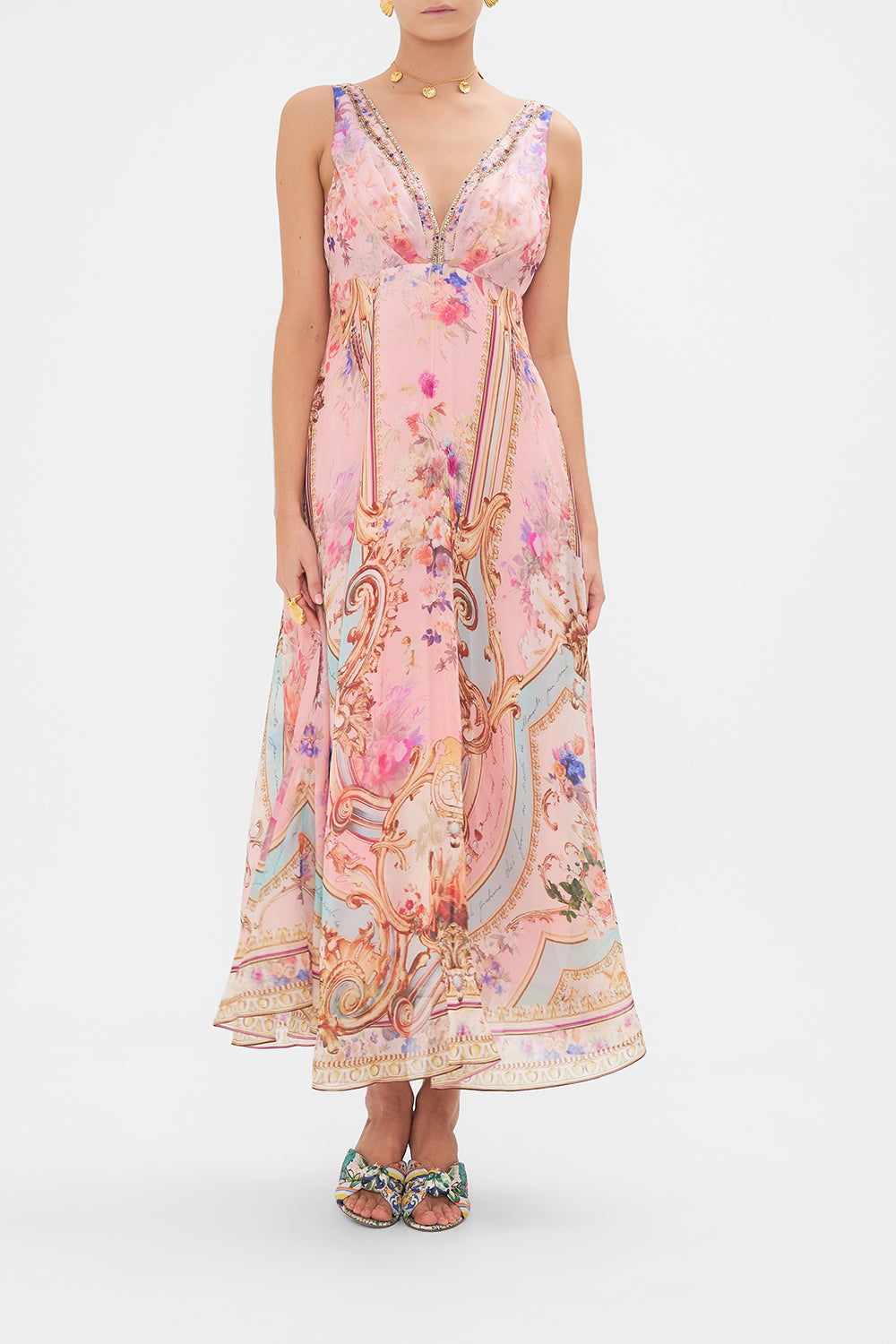 Front view of model wearing CAMILLA silk plunge neck dress in Letters from the Pink Room print