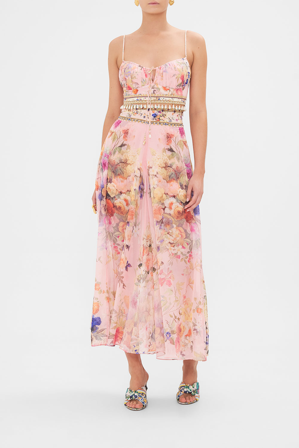 Front view of model wearing CAMILLA silk wide leg pant in Letters from the Pink Room print